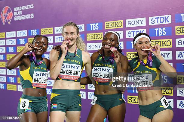 Bronze medalists Shirley Nekhubui of Team South Africa, Miranda Charlene Coetzee of Team South Africa, Precious Molepo of Team South Africa and Zeney...
