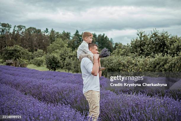 happy father with his little son in a lavender field. - purple shirt stock pictures, royalty-free photos & images