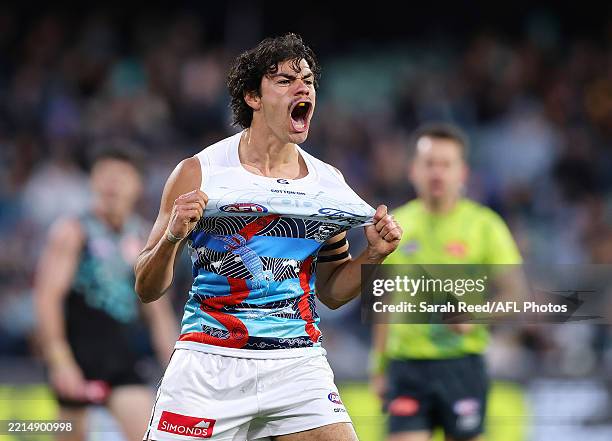 Lawson Humphries of the Cats celebrates a goal during the 2025 AFL Round 10 match between Yartapuulti and the Geelong Cats at Adelaide Oval on May...