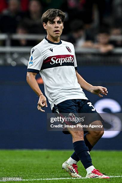 Benja Dominguez of Bologna FC looks during the Serie match between Milan and Bologna at Stadio Giuseppe Meazza on May 09, 2025 in Milan, Italy.
