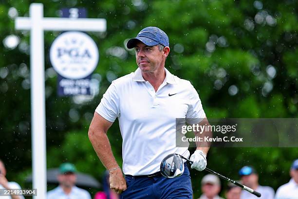 Rory McIlroy of Northern Ireland looks on from the third hole tee box prior to the PGA Championship at Quail Hollow Country Club on May 13, 2025 in...
