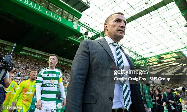 Celtic manager Brendan Rodgers re-enters the field ahead of collecting the trophy during a William Hill Premiership match between Celtic and St...