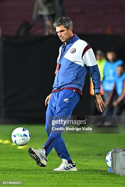 Head coach Mauricio Pellegrino of Lanus plays with a ball during a Copa CONMEBOL Sudamericana 2025 group G match between Lanus and Vasco da Gama at...