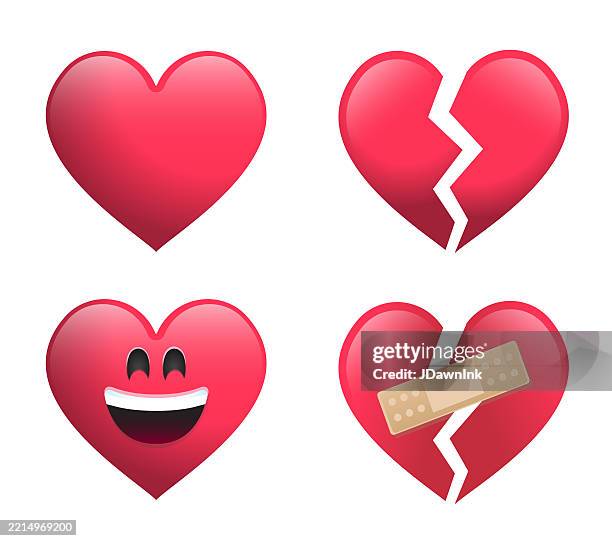 illustrazioni stock, clip art, cartoni animati e icone di tendenza di set di simpatici social media rosso cuore emoji icona su sfondo bianco - cuore spezzato