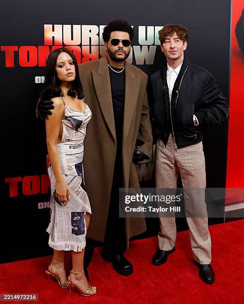 Jenna Ortega, Abel Tesfaye, and Barry Keoghan attend the world premiere of Lionsgate's "Hurry Up Tomorrow" at AMC Lincoln Square on May 13, 2025 in...