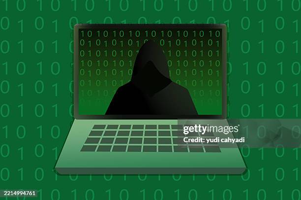 cyber security threat illustration - hacker and binary code on laptop - low code stock illustrations