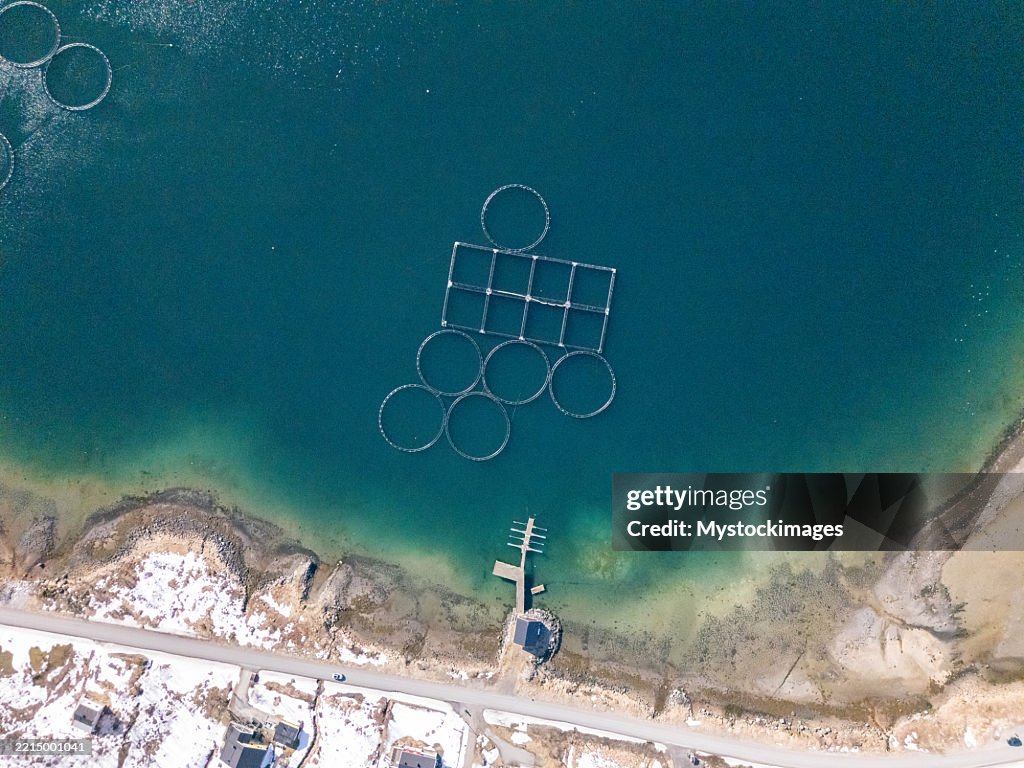 Fish Ranch Viewpoint Aerial View Of Coastal Fish Farm With Circular Enclosures High-Res ...