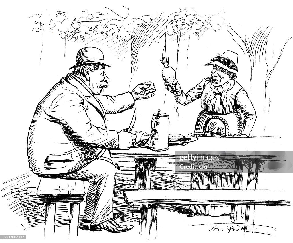 Beergarden in Munich, a Radi please, man ordering a radish from a waiter