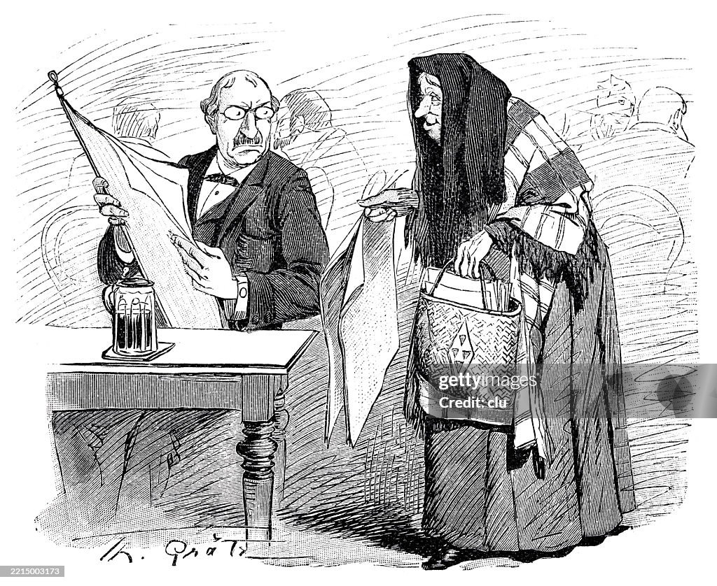 Hofbräuhaus München, die neueste Zeitung, die von einer Frau angeboten wird, am Tisch ein zeitungslesender älterer Mann