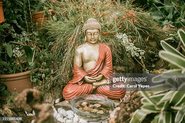buddha statue placed in a private garden, surrounded by natural greenery. symbol of serenity, mindfulness, and spiritual balance in a peaceful domestic outdoor setting. - boeddha stockfoto's en -beelden