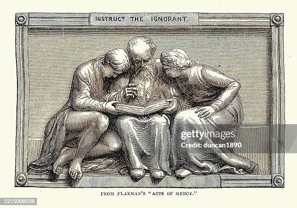 man teaching people who to read, john flaxman's acts of mercy, instruct the ignorant, 19th century - older man reading stock illustrations