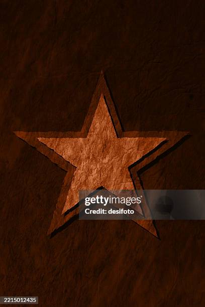 rustic textured effect dark brown colored blank vertical weathered vector backgrounds with one solid big layered bronze color star shape sticker on crumpled handmade wrinkled paper - dark bronze stock illustrations