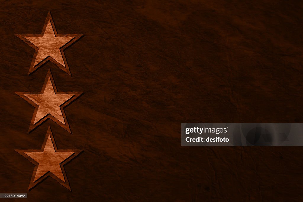Rustic textured effect dark brown colored blank horizontal weathered bordered vector backgrounds with three solid big layered bronze color star shape stickers on crumpled handmade wrinkled paper as left edge border