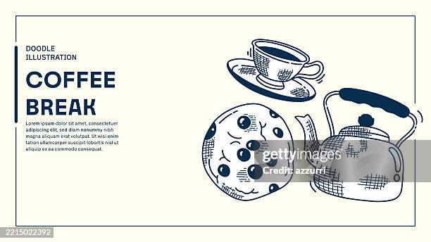 coffee break doodle illustration. teapot, cup, cookie - tea biscuits stock illustrations