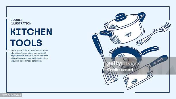 cooking pot, meat cleaver, frying pan, fork, spatula. kitchen tools doodle set. - meat cleaver stock illustrations