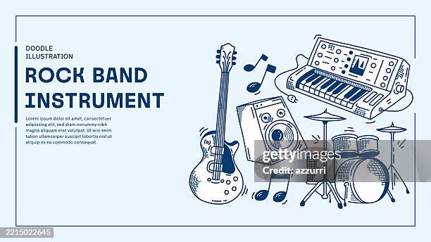 rock band instrument doodle illustration. bass guitar, drum, keyboard - rock music instruments stock illustrations