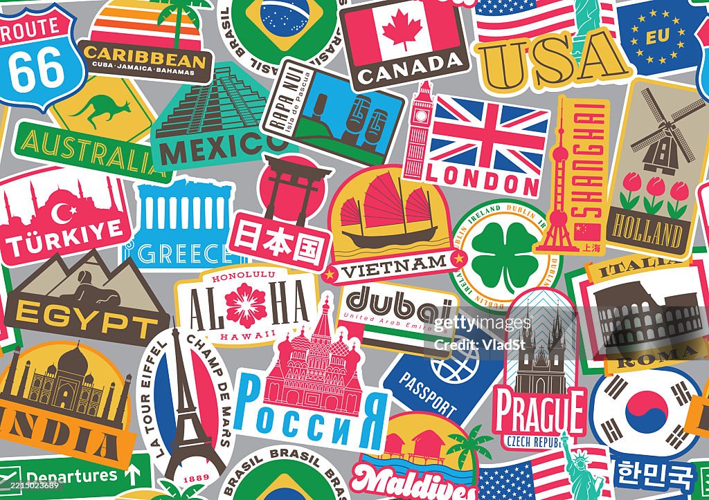 Seamless Pattern with World Travel Stickers and Vintage Suitcase Badges