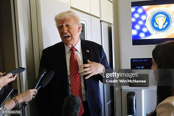 President Donald J. Trump speaks to travelling media aboard Air Force One on a range of issues, including Syria, as he flies to Doha, Qatar on May...