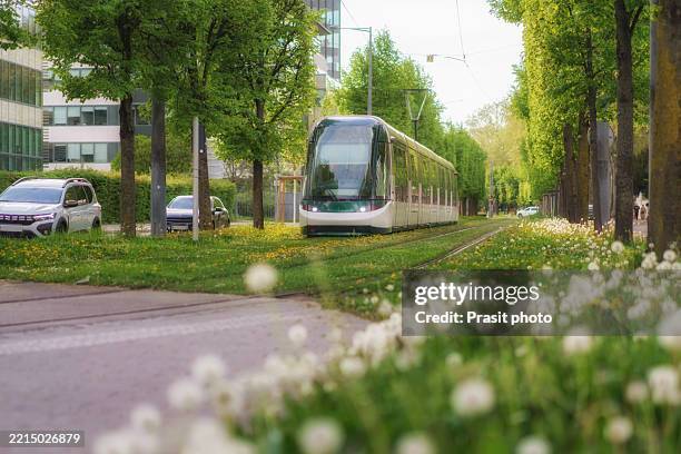 modern tram running through green park area in strasbourg, france - trambaan stockfoto's en -beelden
