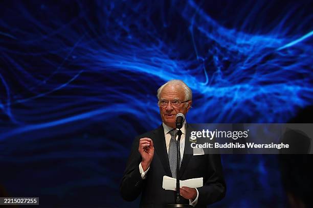 Sweden’s King Carl XVI Gustaf delivers a speech during the Business Summit on Sweden’s National Day event as part of the World Expo 2025 on May 14,...