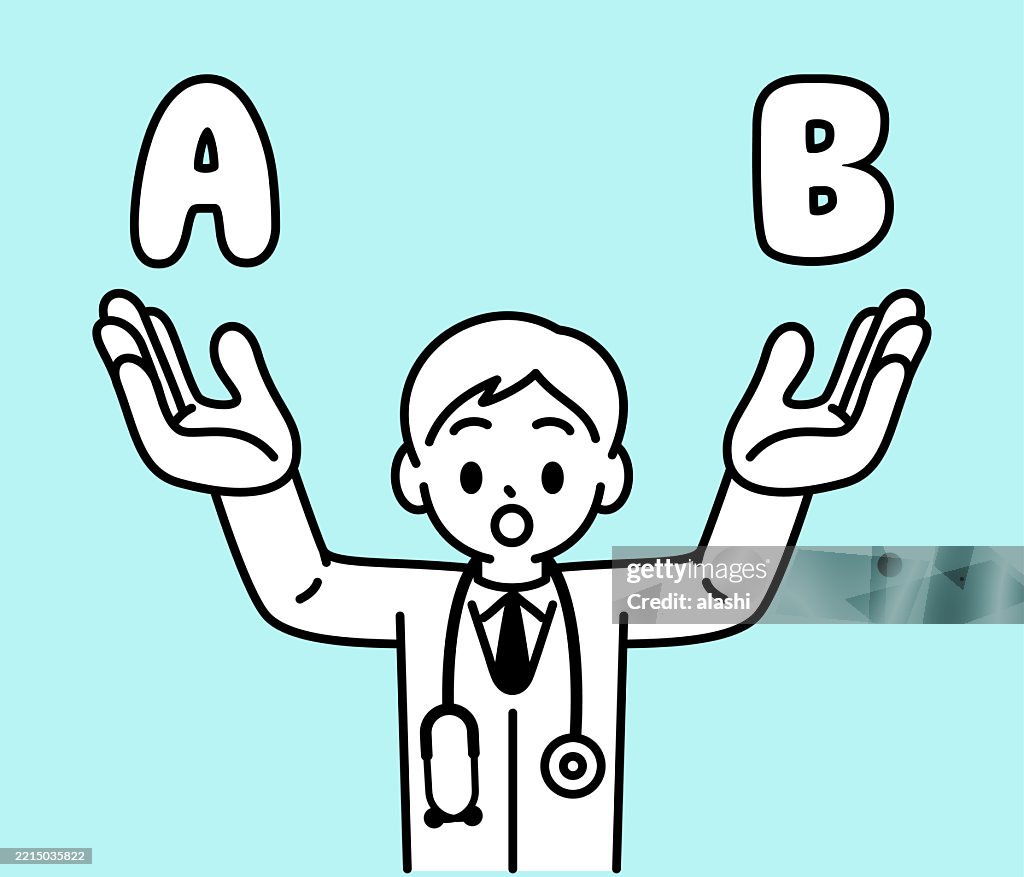 A young doctor in a white coat with a stethoscope, raising both hands, showing two options with A and B, talking and asking, looking at the viewer. Front view, black outline with flat colors, minimalist style