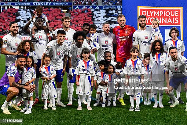 Olympique Lyonnais squad poses for team family photo during the France Ligue 1 match between Olympique Lyonnais and Angers SCO at Groupama Stadium on...