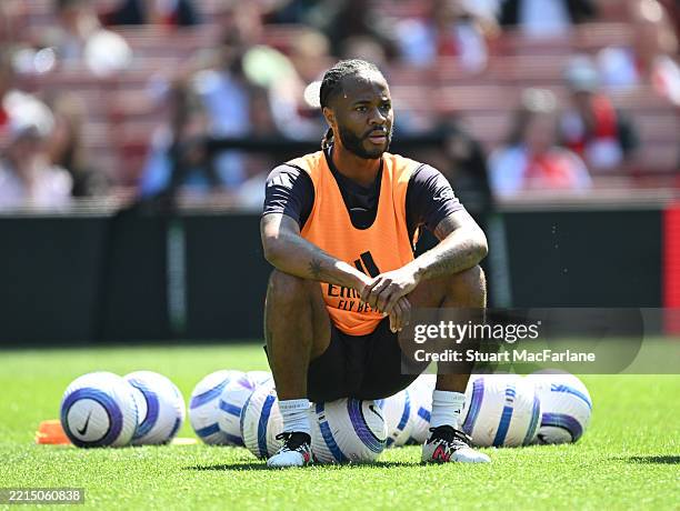 Raheem Sterling of Arsenal during a training session at Emirates Stadium on May 14, 2025 in London, England.