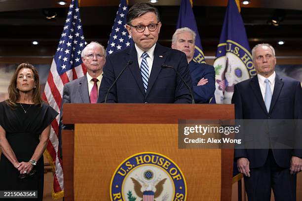 Speaker of the House Rep. Mike Johnson speaks as House Republican Conference Chair Rep. Lisa McClain , Rep. John Rutherford , House Majority Whip...