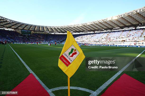General view inside the stadium as a Coppa Italia corner flag is seen prior to the Coppa Italia Final match between AC Milan and Bologna at Stadio...