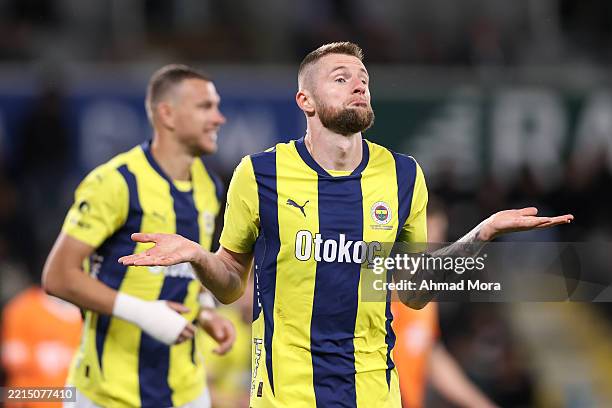 Milan Skriniar of Fenerbahce celebrates after scoring his team's second goal during the Turkish Super League match between Istanbul Basaksehir and...