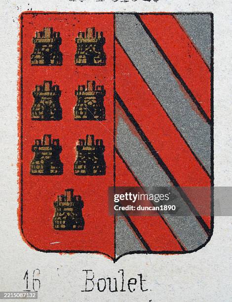 medieval heraldry, coat of arms, shield, halved, castle, red, stripe, silver, spanish, vintage illustration - castle background stock illustrations