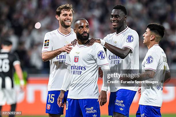 Alexandre Lacazette of Lyon celebrates with his teammates after scoring a goal during the France Ligue 1 match between Olympique Lyonnais and Angers...