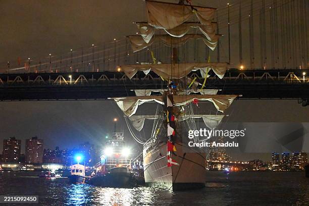Mexican navy tall ship, making a festive visit to New York, crashes into the Brooklyn Bridge in Manhattan, New York, United States on Saturday, May...