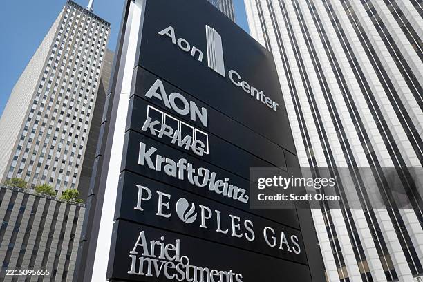 Sign outside of the Aon Center marks the location for the headquarters of Kraft Heinz on May 14, 2025 in Chicago, Illinois. According to recent...