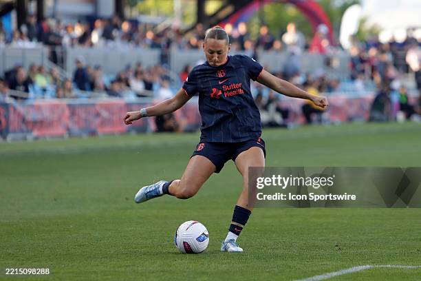 Bay FC Taylor Huff crosses the ball against Angel City FC on May 17 at PayPal Park, in San Jose, CA.