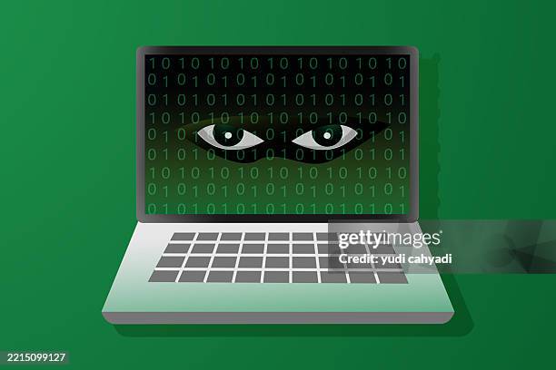 anonymous hacker eyes behind binary code - cyber attack concept illustration - computer code terminal stock illustrations