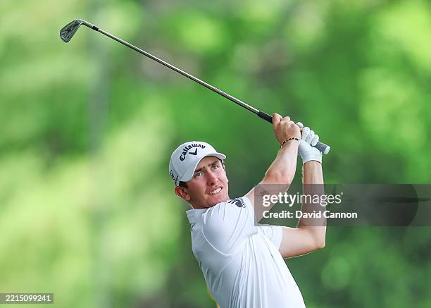 Tom McKibbin of Northern Ireland plays shot during his final practice round prior to the PGA Championship at Quail Hollow Country Club on May 14,...
