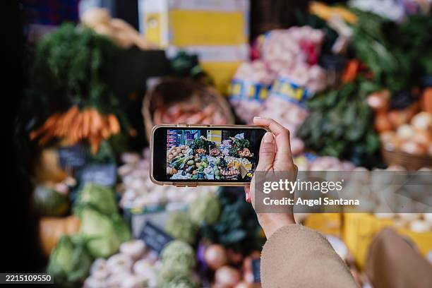 young woman taking pictures of fresh vegetables at the market - puesto de mercado agrícola fotografías e imágenes de stock