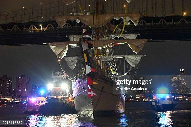 View of the Mexican navy tall ship being tended by the authorities after it crashes into the Brooklyn Bridge in Manhattan, New York, USA on May 18,...