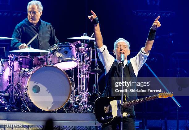 Bruce Springsteen and Max Weinberg perform during the first night of his 'The Land of Hopes and Dreams' tour at Co-op Live on May 14, 2025 in...