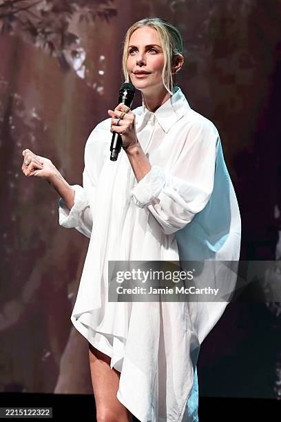 Charlize Theron speaks onstage during Netflix's Upfront 2025 on May 14, 2025 in New York City.