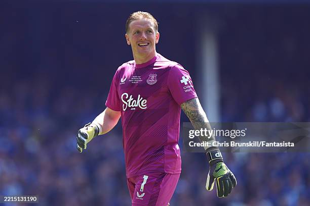 Jordan Pickford of Everton looks on during the Premier League match between Everton FC and Southampton FC at Goodison Park on May 18, 2025 in...