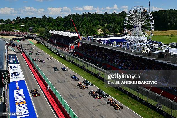 Drivers compete during the 2025 Emilia Romagna Formula One Grand Prix at the Imola autodrome in Imola, on May 18, 2025.