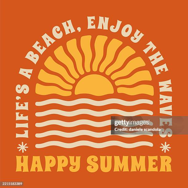 retro sunset above the sea or ocean with sun and water silhouette. - hippies 1960s stock illustrations