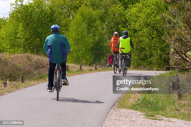 three cyclists seen from behind on a paved bike path through green spring landscape. the riders wear helmets and colorful clothing. the scene was captured on a sunny day. - europa figuren uit de klassieke mythologie stockfoto's en -beelden