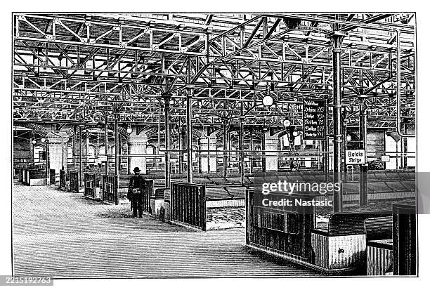 slaughterhouses and cattle yards, interior view of a cattle market hall - market hall stock illustrations