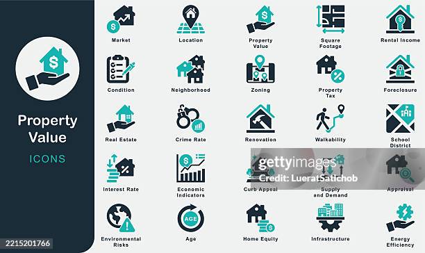 eigenschaftswert solid icons sammlung. enthält standort, markt, alter, zustand, renovierung, verbesserung, nachbarschaft, immobilien, bewertung, quadratmeterzahl, zonierung, haus, steuer, bordsteinkante, kriminalität - energie sparen stock-grafiken, -clipart, -cartoons und -symbole