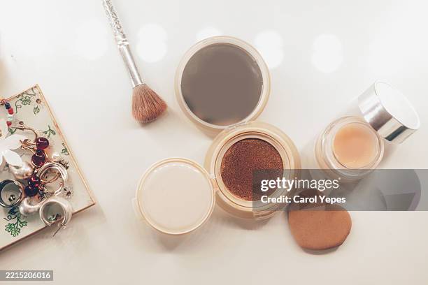 makeup brushes and cosmetic on bathroom - blusher brush stock pictures, royalty-free photos & images