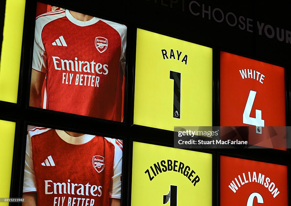 Arsenal O2 Home Kit Arsenal new 2025-26 Home Kit in the Armoury store at Emirates Stadium ...