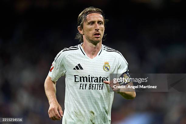 Luka Modric of Real Madrid looks on during the LaLiga match between Real Madrid CF and RCD Mallorca at Estadio Santiago Bernabeu on May 14, 2025 in...
